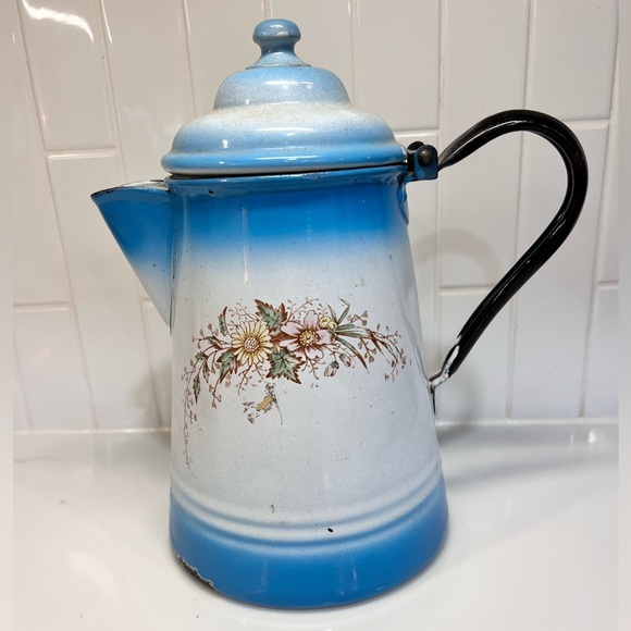 Antique Blue and White Enamelware Coffee Pot Flowers Stewart W Virginia - Picture 2 of 9